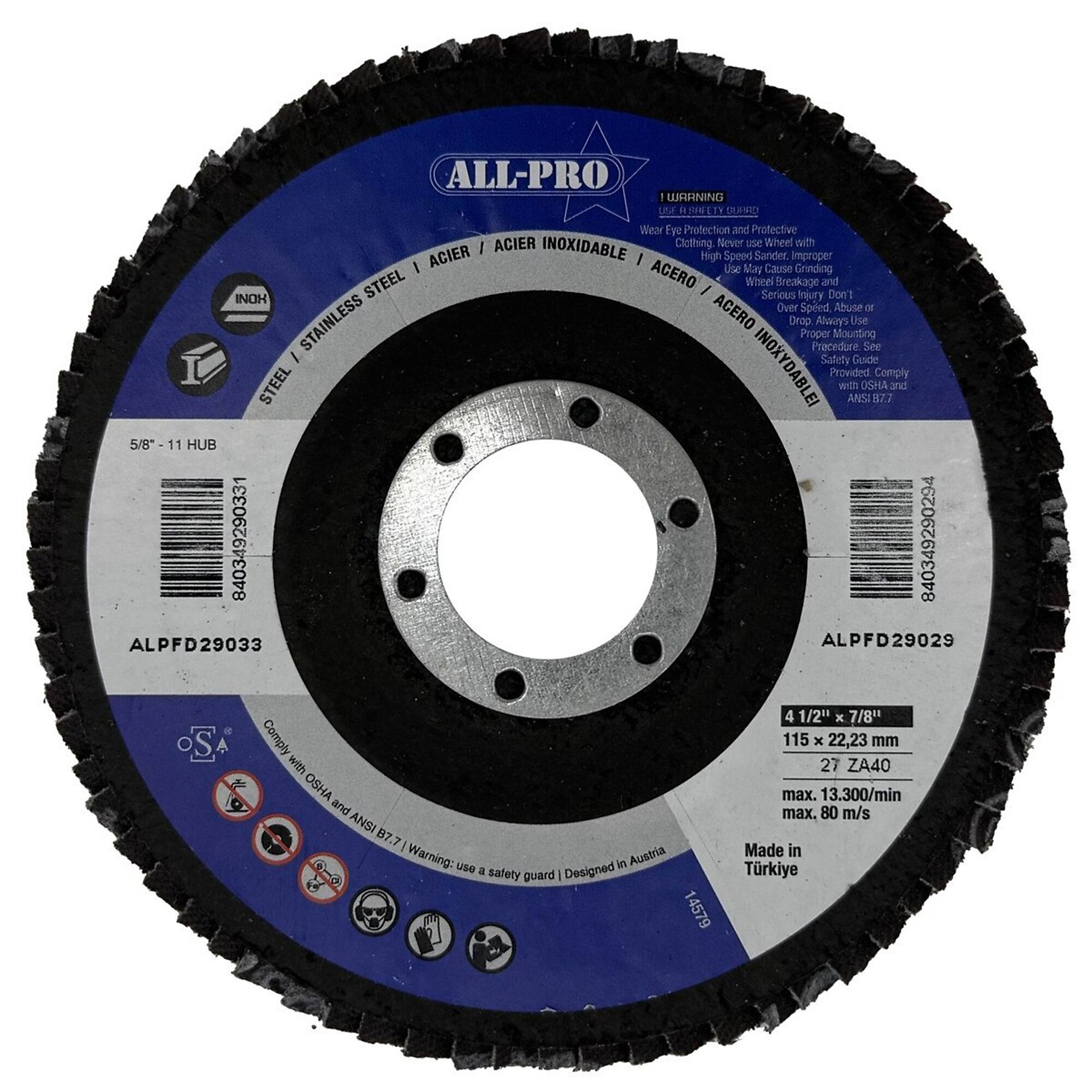 All Pro Flap Disc — 4 1/2in. x 7/8in., 40 Grit, Type 27, Zirconia Alumina, 10 Pk, Model# ALPFD29029